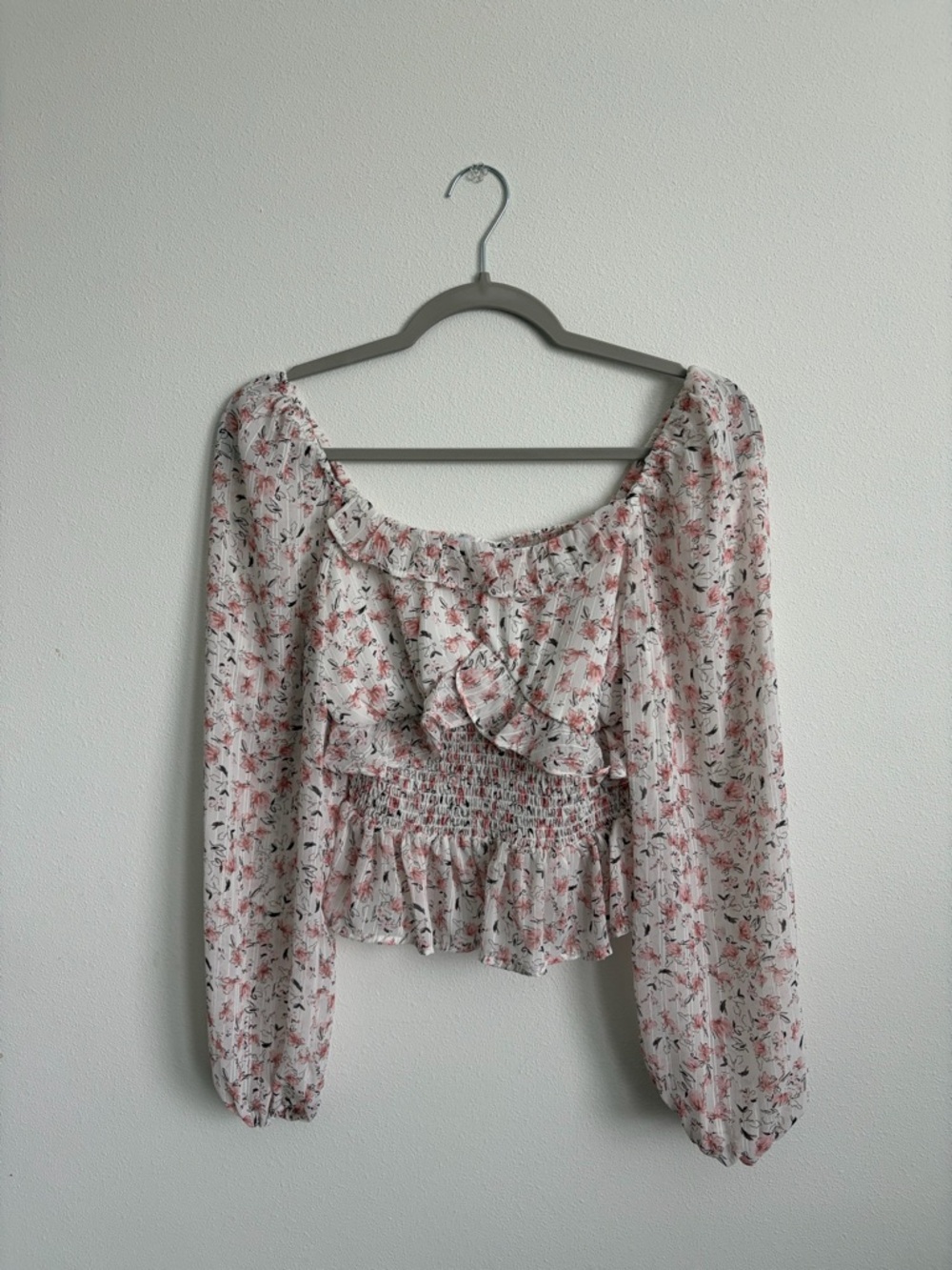 Smocked Waist Floral Off-Shoulder Blouse - Pink/White
